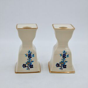 Lenox Pagoda Candle Holder Porcelain Blue Floral Hand Decorated 24K Gold Pair